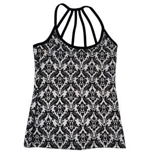 Soybu Women's Tank Top X-Small Shelf Bra Black White Strap Detail Damask Pattern
